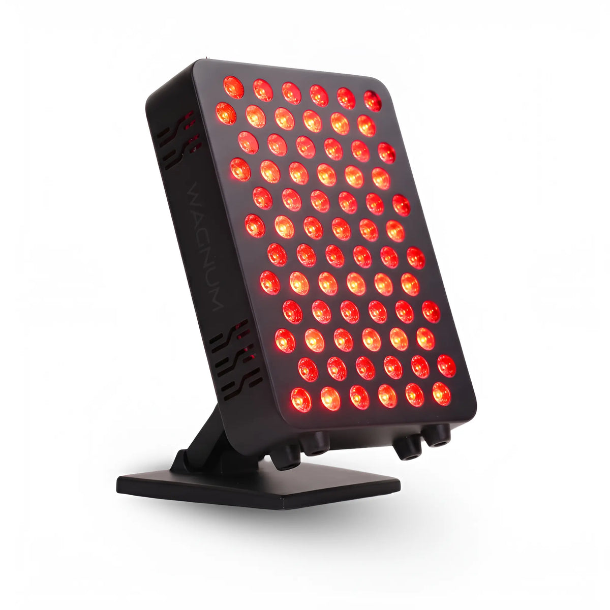 Small red light therapy painel in black colour and with WAGNUM logo on the side.